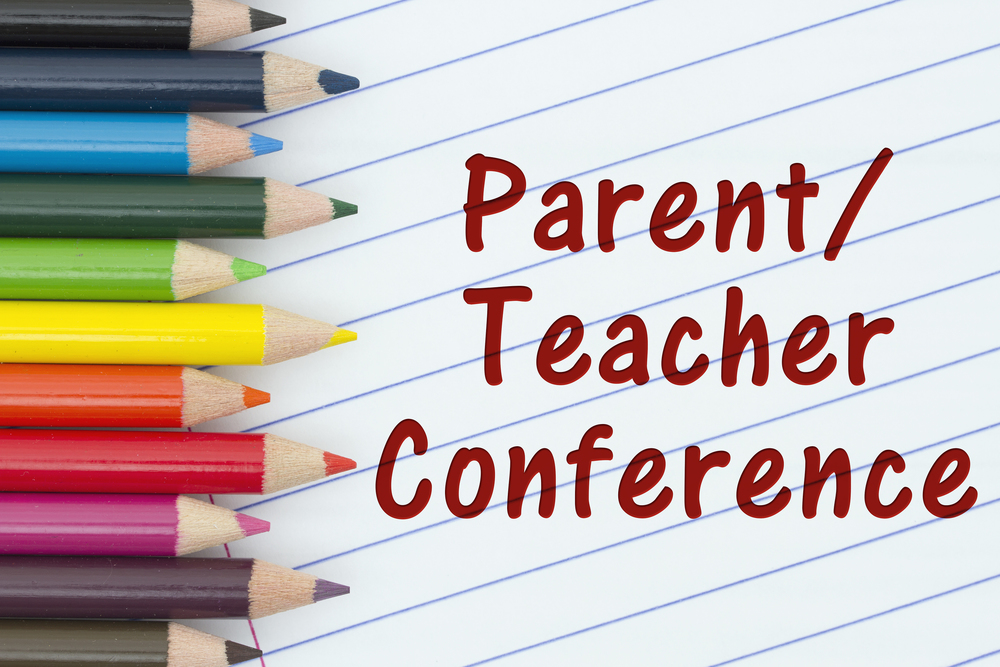 Graphic of colored pencils and words Parent teacher conferences