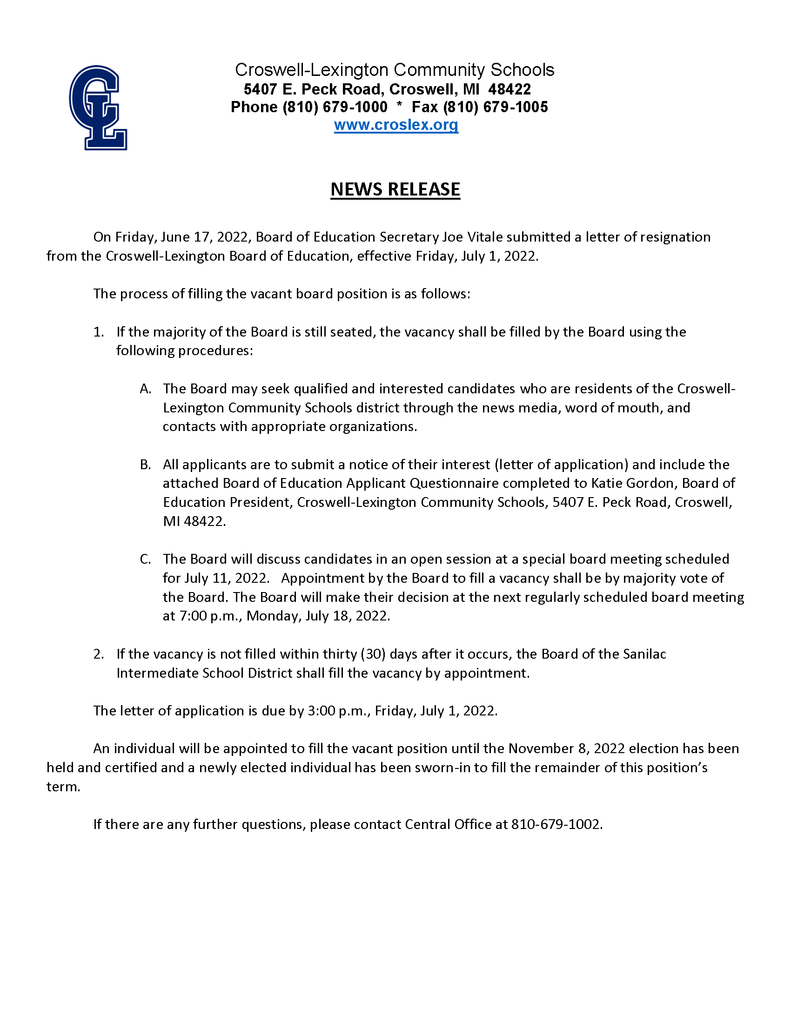 Press Release - Notice of Board Vacancy 